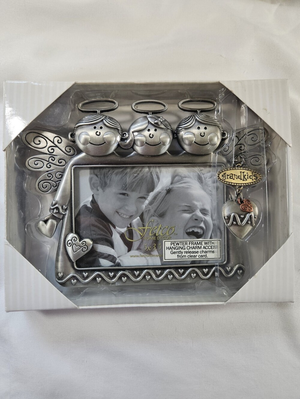 Grandkids 3.5x5" pewter photo frame with charm and 3 angels